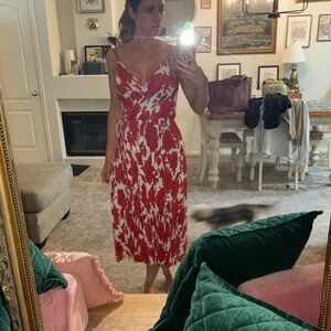 H&M Red and White Printed V-Neck Midi Dress